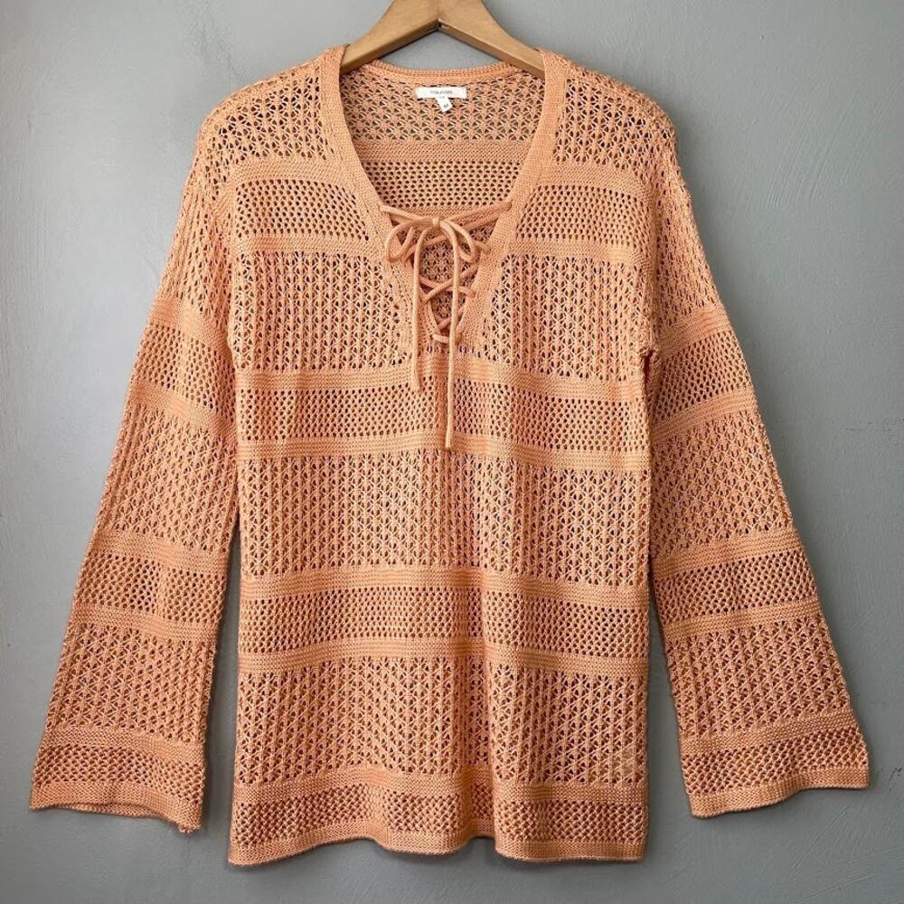 Maurices Sweater Size Medium Peachy Open Knit Crochet Boho Lace Up Hippie Beachy
